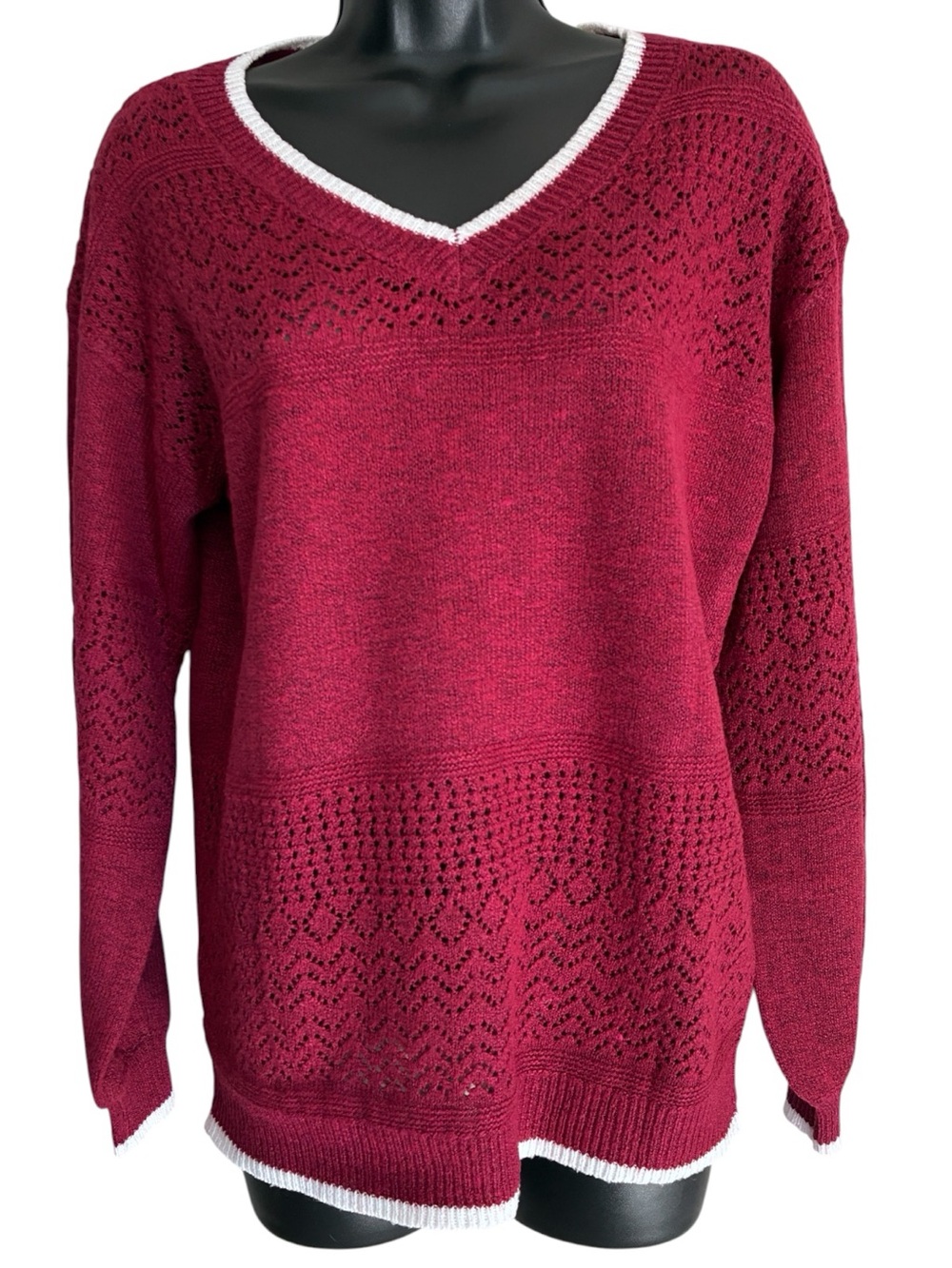 Grannycore Retro Preppy Style V-Neck Openwork Knit Sweater Burgundy Sz L